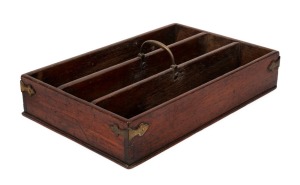 A Georgian mahogany cutlery box with brass bound corners and handle, circa 1760, ​​​​​​​11cm high, 41cm wide, 26cm deep