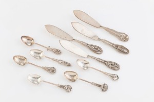 LINTON of Perth, set of 6 Australian silver coffee spoons with wildflower motifs, together with a set of four pate knives also by LINTON, 20th century, (10 items), stamped "JAL. ST. SILVER", the spoons 8cm long, the knives 13cm long, 140 grams total