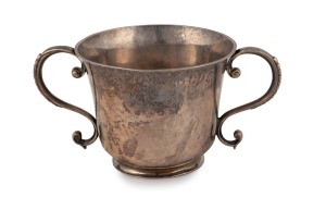 An 18th century CHANNEL ISLANDS Guernsey silver christening cup, by GUILLAUME HENRY, circa 1750, inscribed "E.D.F.", 6cm high, 12.5cm wide, 118 grams