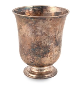 An 18th century CHANNEL ISLANDS silver wine beaker by PIERRE AMIRAUX of Jersey, circa 1770, engraved "M.A.B.", 8cm high, 131 grams