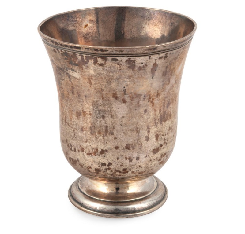 An 18th century CHANNEL ISLANDS silver wine beaker by unknown Jersey maker stamped "P.B.", circa 1770, ​​​​​​​engraved "A.D.S.+", ​​​​​​​9cm high, 117 grams