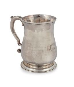 London made 18th century silver mug retailed by CHANNEL ISLANDS silversmith JEAN LE PAGE, circa 1746, inscribed with monogram and inscription to the base dated 1795, 9cm high, 177 grams