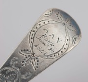 An antique CHANNEL ISLANDS bright cut silver serving spoon by THOMAS DE GRUCHY & JEAN LE GALLAIS of Jersey, circa 1840, engraved "A.A.V. Born Jan. 20, 1841", ​​​​​​​23cm long, 86 grams - 3