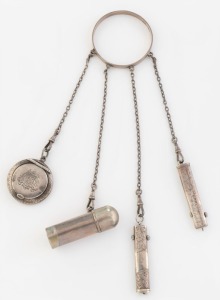 Rare antique Australian silver chatelaine, 19th/20th century, stamped "PROUDS, STERLING", 21cm high