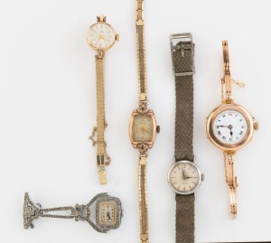Five assorted vintage watches including lady's 9ct gold cased TUDOR, steel cased OMEGA, vintage wristwatch with Roman numerals in 9ct gold case on 9ct gold band, plus two dress watches,