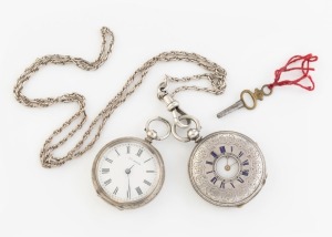 Two antique silver cased pocket watches on a silver chain, 19th century, (3 items)