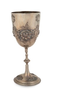 WILLIAM EDWARDS of Melbourne antique Australian silver chalice with floral repousse decoration, 19th century, stamped "W. EDWARDS, Manufacturer, MELBOURNE", with royal warrant seal "By Appointment", 21.5cm high, 288 grams