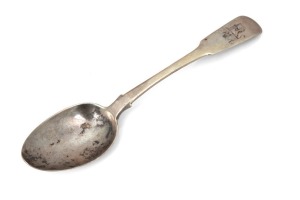 ALEXANDER DICK rare Colonial Australian silver tablespoon with engraved monogram "R.E.A." and rampant lion crest, circa 1830s, stamped "DICK" with anchor and date letter "D" plus castle mark, 22.5cm long, 80 grams.