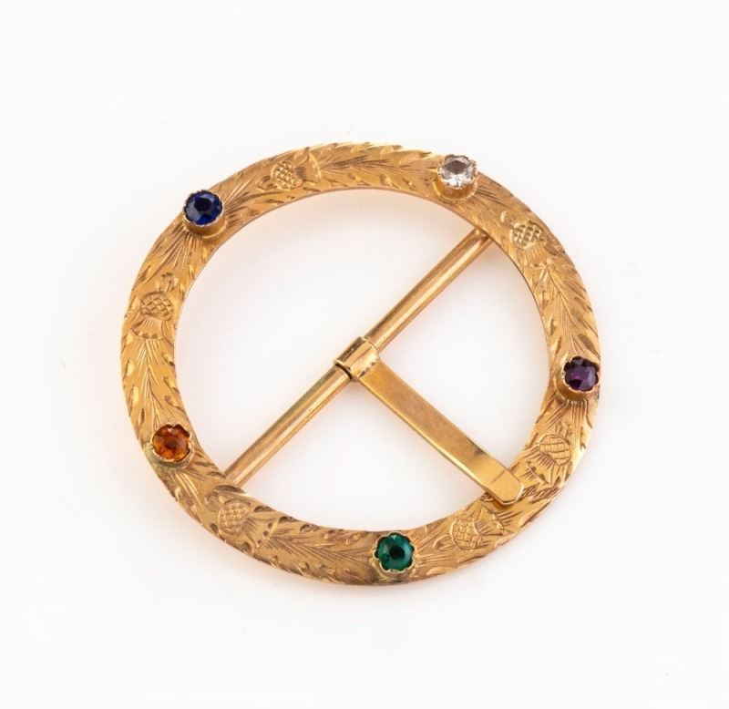 KITCHEN & BINGHAM of Sydney, antique 9ct gold and coloured stone circular buckle in the Scottish style, 19th/20th century, ​​​​​​​4.5cm diameter, 7.9 grams