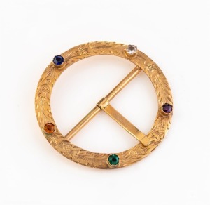 KITCHEN & BINGHAM of Sydney, antique 9ct gold and coloured stone circular buckle in the Scottish style, 19th/20th century, 4.5cm diameter, 7.9 grams