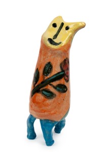 DEBORAH HALPERN "Person On Three Legs With Flower" hand-painted pottery sculpture, signed "D. D. H., '17", 28cm high