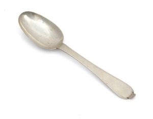 An 18th century CHANNEL ISLANDS silver trefid spoon by PIERRE AMIRAUX of Jersey, circa 1750, ​​​​​​​engraved "P.A.V.T.", 17.5cm long, 32 grams