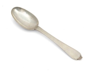 An 18th century CHANNEL ISLANDS silver trefid spoon by PIERRE AMIRAUX of Jersey, circa 1750, engraved "P.A.V.T.", 17.5cm long, 32 grams