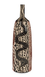 DEREK THOMPSON JUNGARRAYI "Wanampi I" tall brown and black glazed pottery vase with sgraffito snake decoration, incised "Derek Thompson, Ernabella Arts In 2013", 48.5cm high