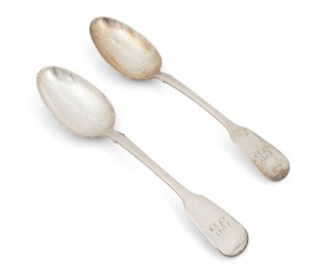 ROBERT BROAD rare pair of antique Australian Colonial silver serving spoons with engraved monograms "J.E.", circa 1835, both stamped "R.B.", with monarch's head, leopard's head, W, and lion passant, each 22.5cm long, 150 grams total.