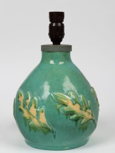 BANKS green glazed pottery lamp base with applied leaf decoration, incised "J. Banks, 1940", 30cm high overall