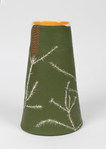 CATHY FRANZI "Heath Banksia" porcelain, engobe, sgraffito and green glazed vase, signed "C. Franzi, Heath Banksia", 29cm high