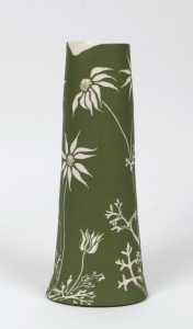 CATHY FRANZI "Flannel Flower" green porcelain, engobe, sgraffito and glaze vase, signed "C. Franzi, Flannel Flower", 32.5cm high