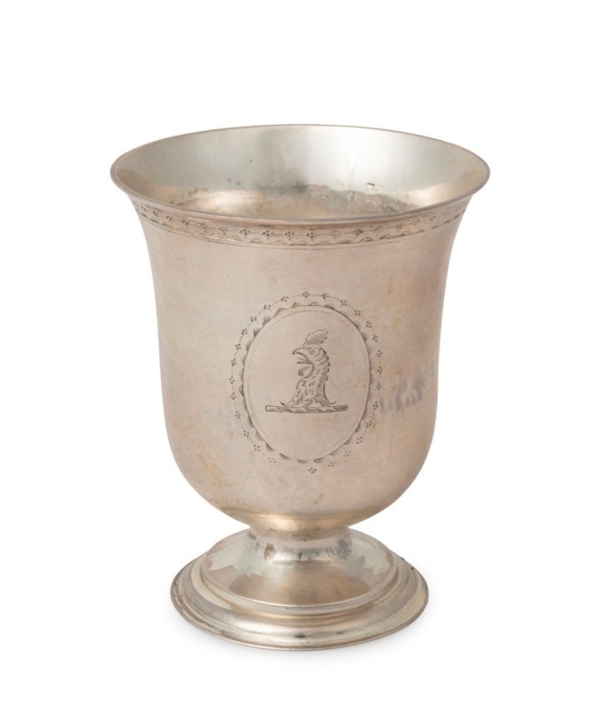 HESTER BATEMAN of London,18th century CHANNEL ISLANDS Jersey style silver wine beaker, circa 1785, engraved with cockerel crest, ​​​​​​​9.5cm high, 99 grams