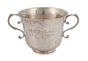 An 18th century CHANNEL ISLANDS christening cup, JEAN HENRY of Guernsey, circa 1743, inscribed "M.L.F. Batiseé Le 8th de Januier, 1742/3", 7cm high, 12.5cm wide, 104 grams