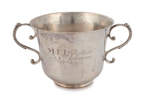 An 18th century CHANNEL ISLANDS christening cup, JEAN HENRY of Guernsey, circa 1743, inscribed "M.L.F. Batiseé Le 8th de Januier, 1742/3", 7cm high, 12.5cm wide, 104 grams