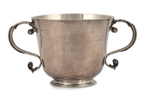 A 17th/18th century CHANNEL ISLANDS Guernsey style christening cup by ROBERT BARBEDOR of Jersey, circa 1700, inscribed "M.A.L. a N.D.G. Don de La Grand Mere, M.A.L.", 7.5cm high, 14cm wide, 138 grams