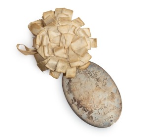 Rare CHANNEL ISLANDS silver christening disc decorated with silk tassels, by CHARLES WILLIAM QUESNEL of Jersey, circa 1832. with engraved inscription dated 1832, 8.5 x 5.5cm