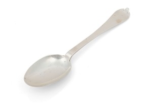 An 18th century CHANNEL ISLANDS silver trefid spoon by unknown maker stamped "G.S." of Jersey, circa 1720, engraved "E.L.V.", 18.5cm long, 42 grams