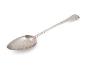 An 18th century CHANNEL ISLANDS silver serving spoon by GEORGE HAMON of Jersey, circa 1770s, engraved "E.M.G.", 21.5cm long, 40 grams