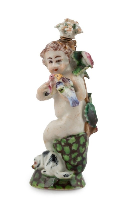 ST. JAMES (Charles Gouyn) rare figural porcelain scent bottle, circa 1750s, ​​​​​​​6.5cm high