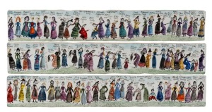 BERNADETTE (Bern) EMMERICHS (1961 - ), "SHELAGH" triptych, group of three painted fired ceramic plaques, each signed "Bern Emmerichs, 2014", Maunsell Wickes Gallery labels verso. Note: The women depicted in this work were all convicts that arrived in Sydney aboard the Lady Juliana in 1790. 6 x 39.5cm each