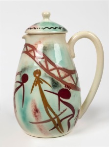 MARTIN BOYD lidded pottery coffee pot adorned with hand-painted Aboriginal spirit figures, incised "Martin Boyd, Australia, D.J.", 21.5cm high