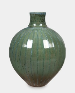 JOHN DERMER green salt glazed faceted porcelain vase, stamped "J.D. 50 years", 25cm high