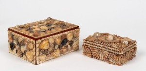 Two Australian shell work trinket boxes, 20th century, the larger 10cm high, 21cm wide, 17cm deep