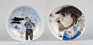 BERNADETTE (Bern) EMMERICHS "Bligh's Boyz" pair of hand-painted ceramic bowls, both signed and titled on the bases, 20cm wide