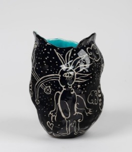 JENNY ORCHARD hand-painted black and white pottery vase with turquoise glazed interior, signed "Jenny Orchard, 2011", ​​​​​​​16cm high