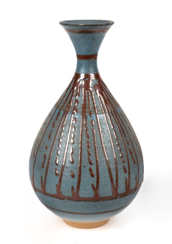 SHIGEO SHIGA blue and brown glazed pottery vase, impressed seal mark to base, ​​​​​​​29cm high