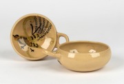 ARTHUR MERRIC BOYD, JOHN PERCEVAL and NEIL DOUGLAS pair of pottery ramekins with lyrebird decoration, (2 items), signed "A.M.B., J.P., N.D.", 4.5cm high, 13cm wide