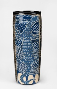 DEREK THOMPSON JUNGARRAYI "Ngintaba" blue and black glazed pottery vase with sgraffito goanna decoration, incised "Derek Thompson, Ernabella Arts In 2010", 24.5cm high