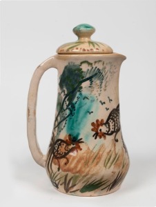 ARTHUR MERRIC BOYD and JOHN PERCEVAL lidded pottery coffee pot with cockerel decoration, signed "Arthur Merric Boyd", 21cm high