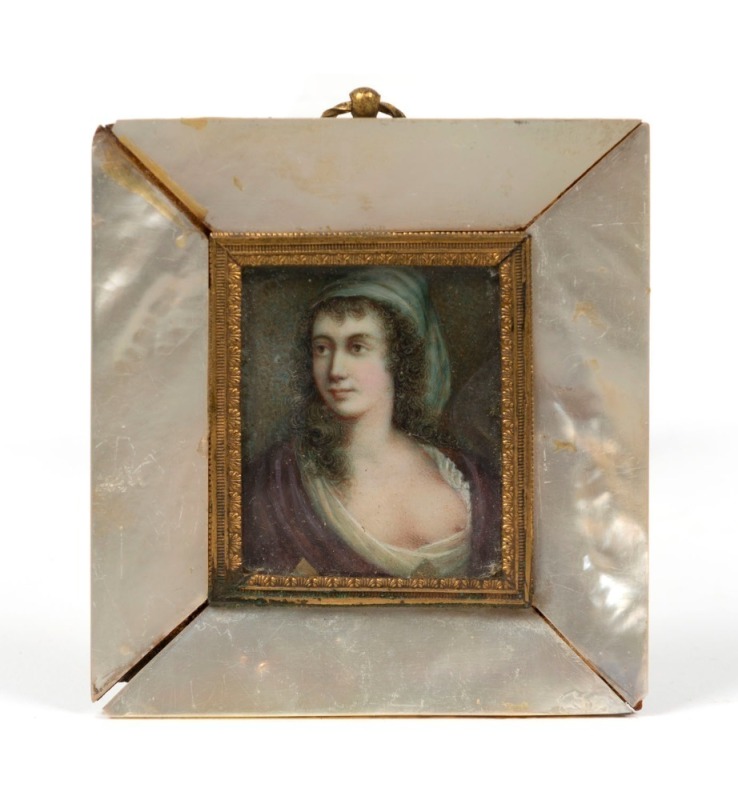 An antique miniature portrait of a woman in a red dress in a slightly risque pose with one breast revealed, circa 1830, ​​​​​​​7.5 x 7cm overall