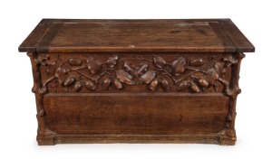 ROBERT PRENZEL Australian blackwood blanket box, carved with gumnuts, leaves and branches, early 20th century, ink stamp "Toorak Road" label to base, 45cm high, 90cm wide, 46cm deep