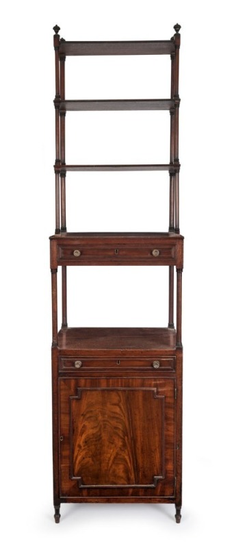 An antique English mahogany waterfall front wotnot with cabinet base and two drawers, circa 1800, 199cm high, 52cm wide, 41cm deep