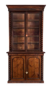 CHANNEL ISLANDS rare antique bookcase with birdseye yew panels, 19th century, 237cm high, 125cm wide, 34cm deep