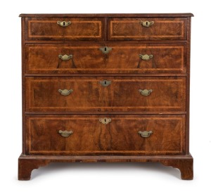 A George II walnut and mahogany chest of five drawers, circa 1750, 90cm high, 92cm wide, 52cm deep