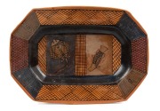 ROBERT EDWARD PURUNTATAMERI&nbsp;brown and black matte glazed pottery platter with painted stingray and barramundi decoration, 45cm wide