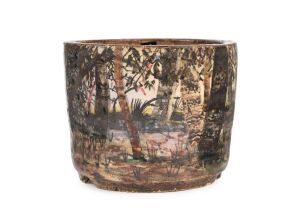 ARTHUR MERRIC BOYD & NEIL DOUGLAS rare planter pot with hand-painted landscape scene, Note: original piercing to base for drainage, signed "Neil Douglas", 11cm high, 14cm diameter