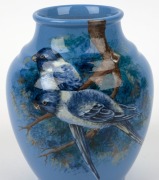 NEWTONE POTTERY impressive blue pottery vase decorated with hand-painted parrots, signed "DAISY MERTON", stamped "Newtone Pottery, Sydney, Hand Painted", 21cm high - 2