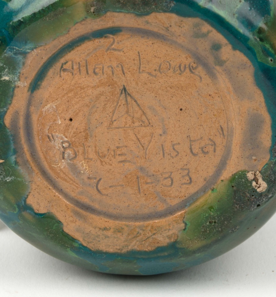 ALLAN LOWE Blue Vista green and blue glazed pottery vase with