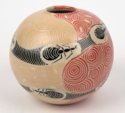 LYNETTE LEWIS spherical Australian ceramic vase decorated with ant motif, incised "Lynette Lewis, Ernabella Arts, 2020", 16cm high - 3